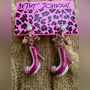 New Betsey Johnson Pink Heels Drop Earrings Bow Crystal Y2K Glam